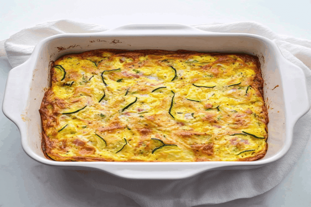 Dovlecei pane la cuptor cu ou – Uimitor de buni și ușor de făcut 5 Tava cu dovlecei pane la cuptor cu ou, proaspăt scoasă și rumenită uniform.