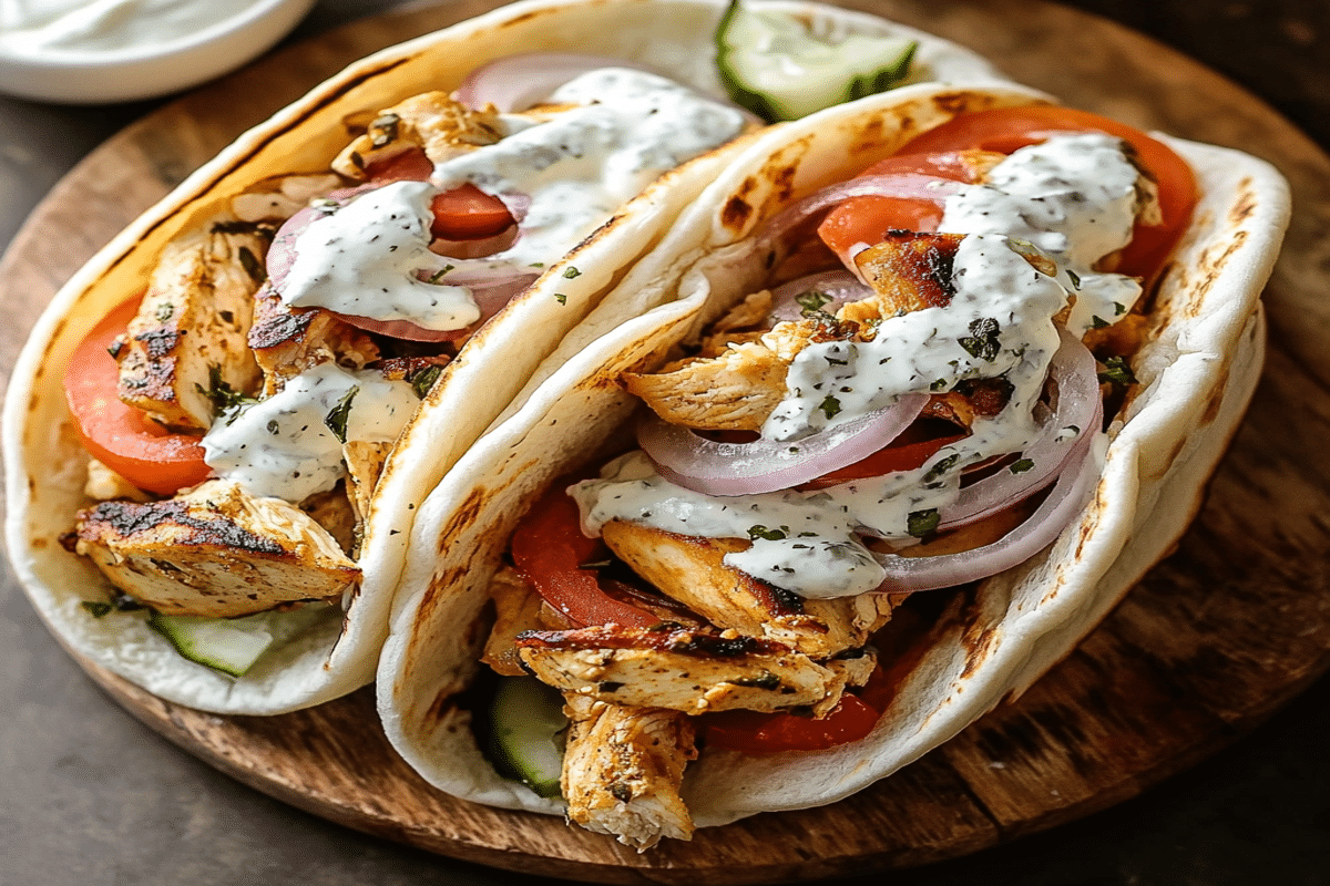 Prim-plan cu două porții de gyros de pui cu legume și sos cremos.