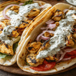 Gyros de pui fotografiat de sus cu legume proaspete și sos.