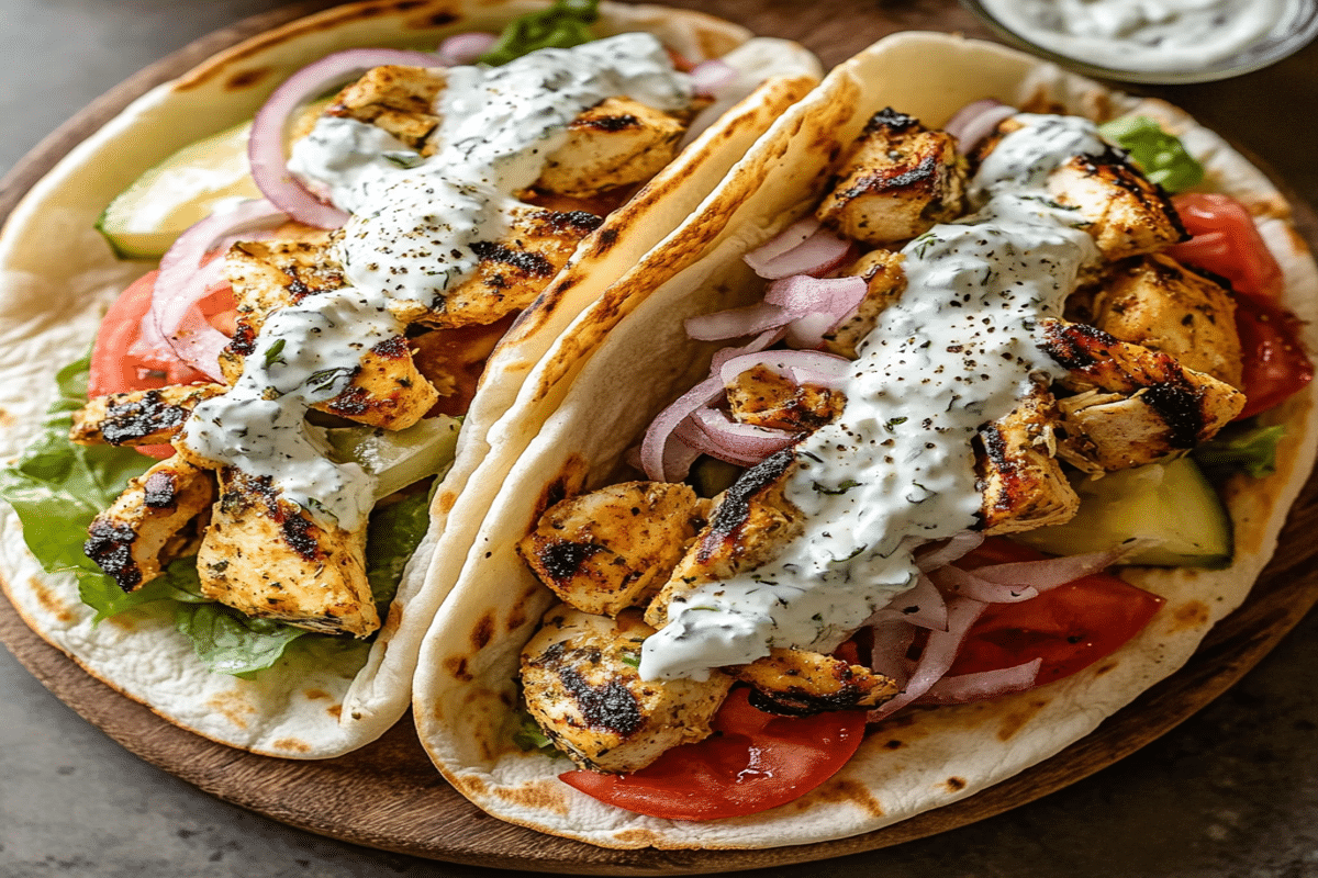 Gyros de pui fotografiat de sus cu legume proaspete și sos.