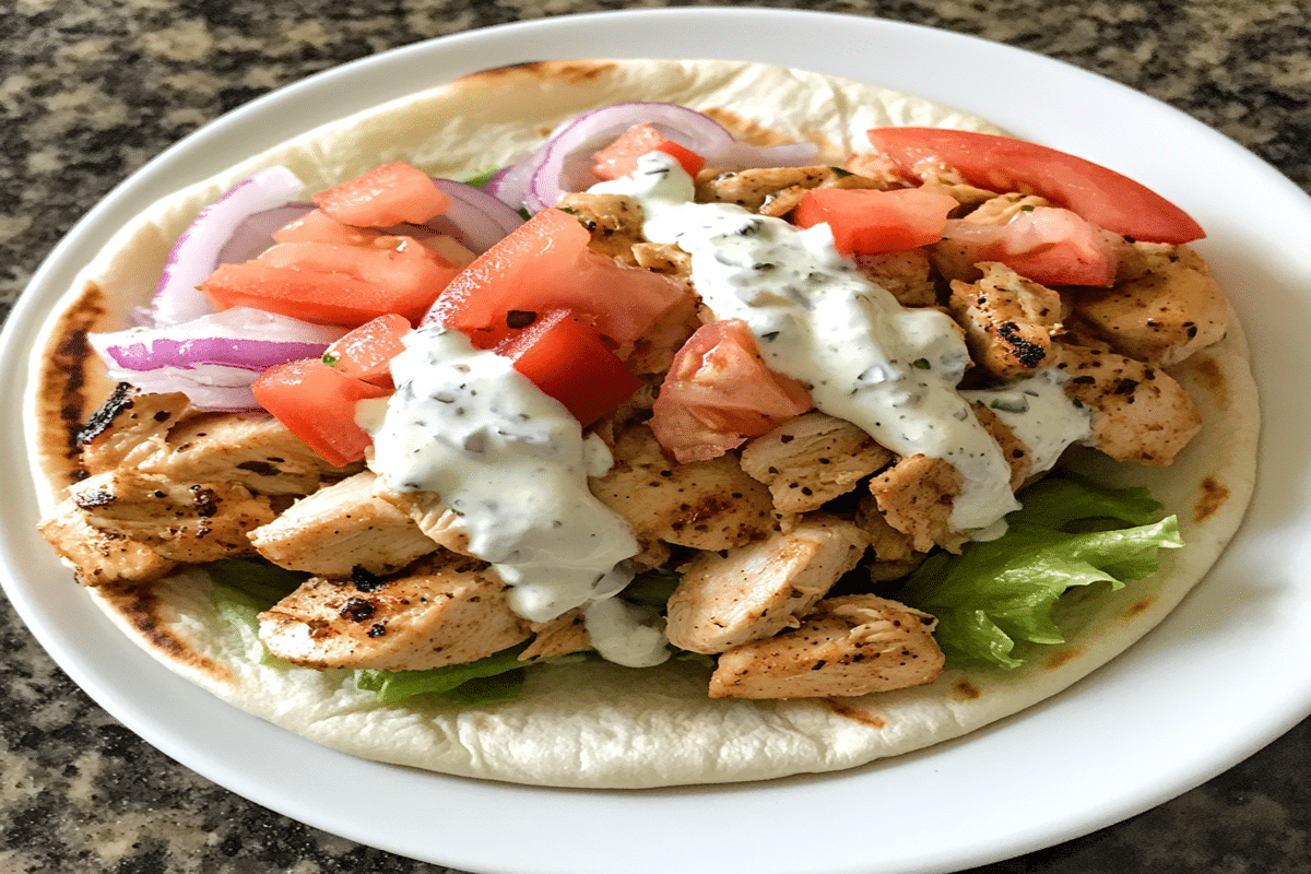 O porție single de gyros de pui cu legume și sos pe farfurie.