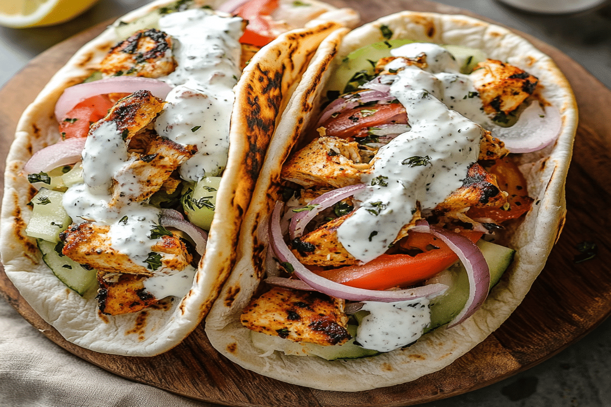 Prim-plan pe gyros de pui cu roșii, castraveți și sos cu ierburi.