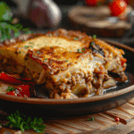 Felie de musaca de cartofi cu carne de curcan, fotografiată în prim-plan pe un platou rustic