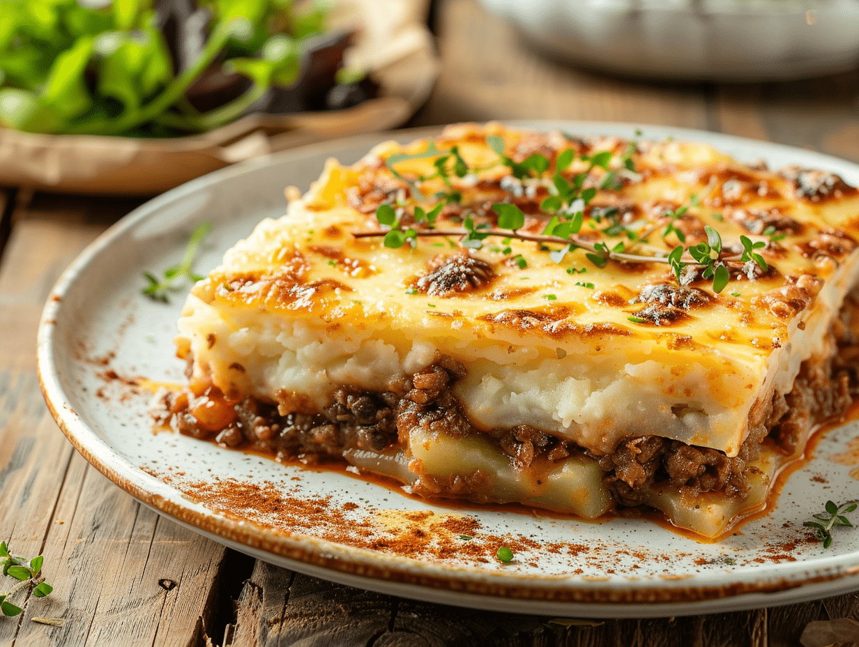 Felie de musaca de cartofi cu carne de curcan, servită pe farfurie cu ierburi aromate