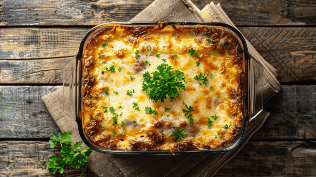 Musaca de cartofi cu carne de curcan văzută de sus, proaspăt scoasă din cuptor