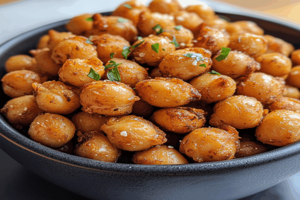 Cum faci năut crispy la airfryer – rețetă rapidă și uimitor de gustoasă 7 Năut crispy la airfryer surprins în prim-plan într-un bol negru.