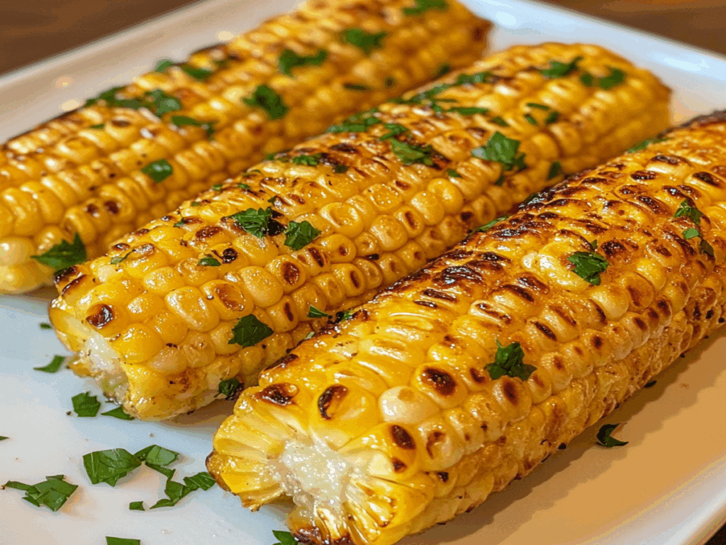 Porumb la airfryer rumenit și presărat cu verdeață