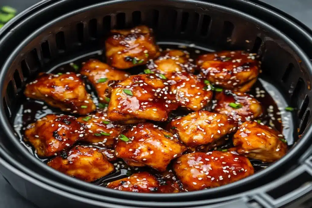 Prim-plan cu pui teriyaki la airfryer presărat cu susan și verdeață