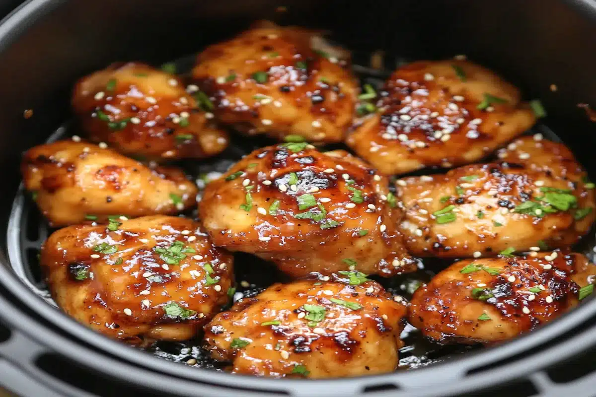 Pui teriyaki la airfryer decorat cu verdeață și susan