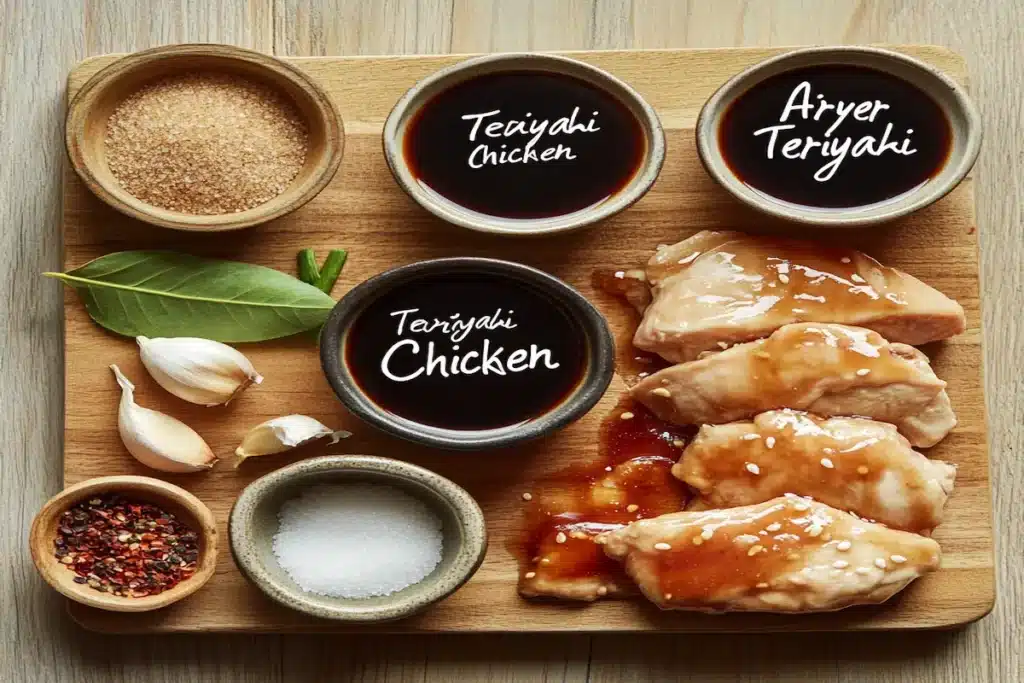 Ingrediente pentru pui teriyaki la airfryer pe un tocător de lemn