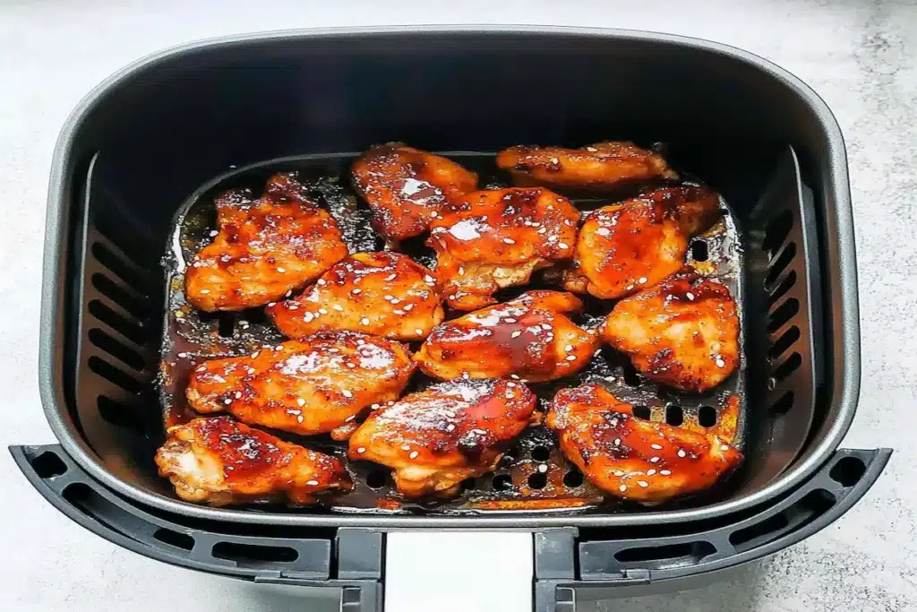 Pui teriyaki la airfryer văzut de sus, cu glazură lucioasă și semințe de susan