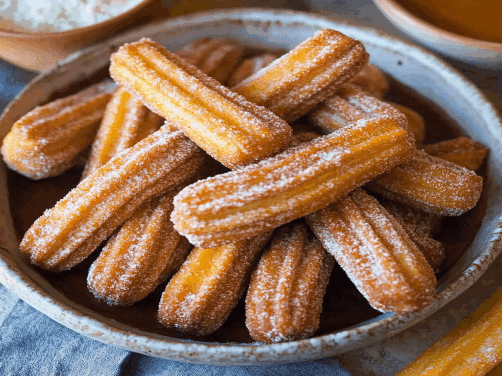Rețetă churros de post presărate cu zahăr, servite într-un bol rustic.
