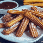 Rețetă churros de post servită elegant cu sos de ciocolată.