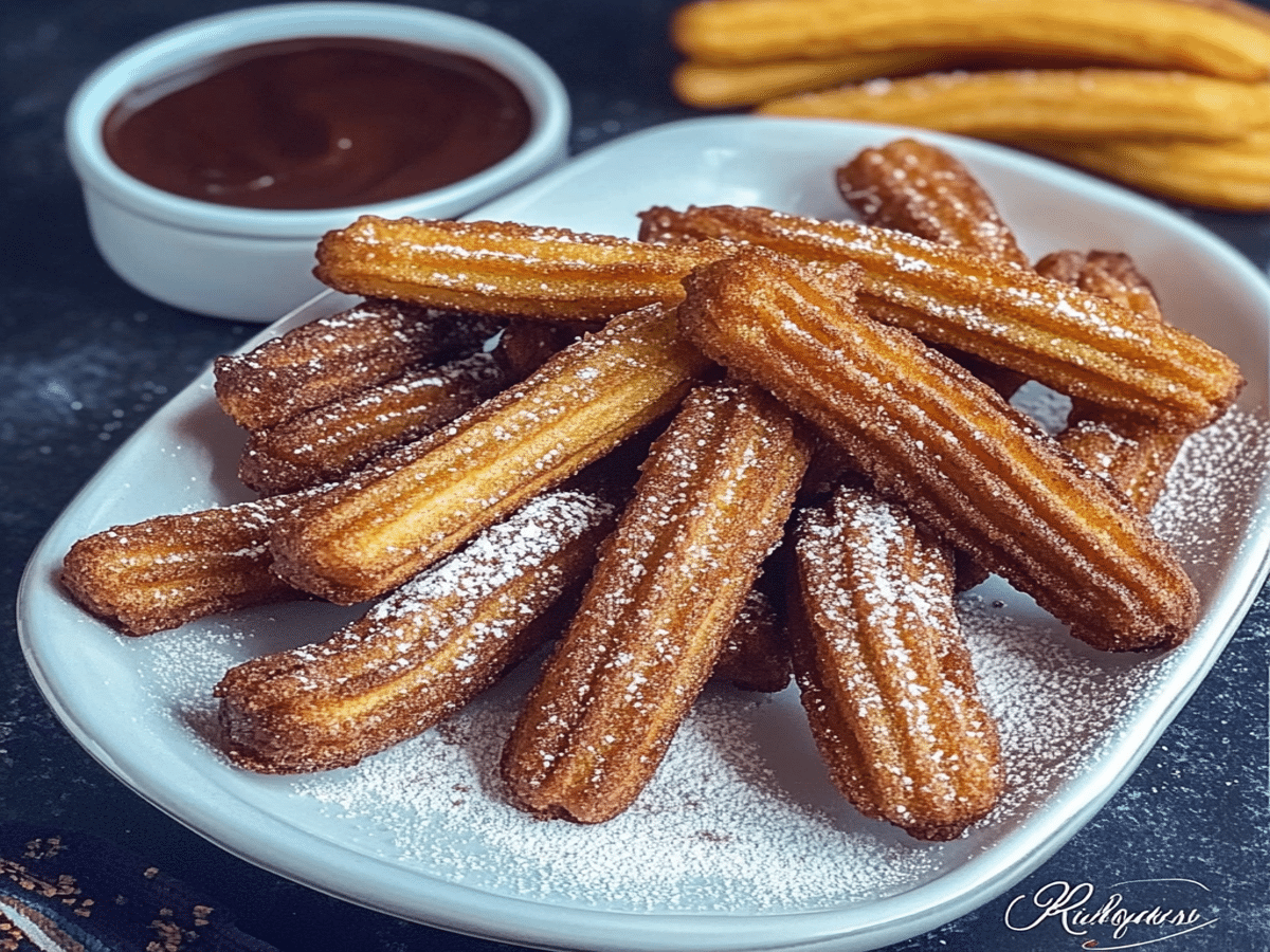 Rețetă churros de post servită elegant cu sos de ciocolată.