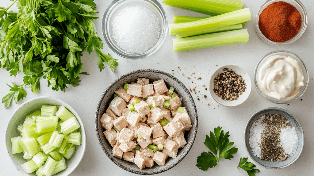 Rețetă salată de ton simplă – hrană sănătoasă, fără stres 8 Ingrediente pentru salata de ton simplă aranjate într-un flatlay luminos.