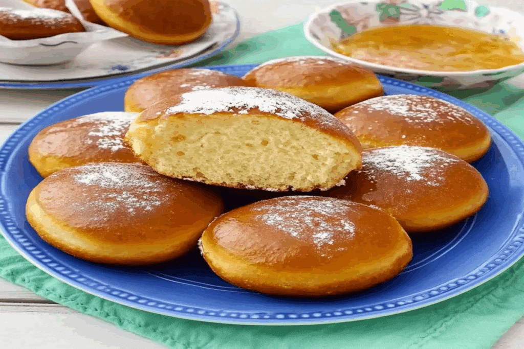 Secrete pentru gogoși pufoase văzute de sus, gogoși aurii pudrate aranjate pe farfurie.