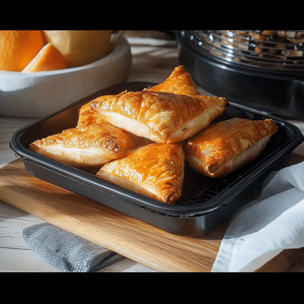 Plăcintă cu dovleac la Airfryer văzute din lateral pe o tavă neagră