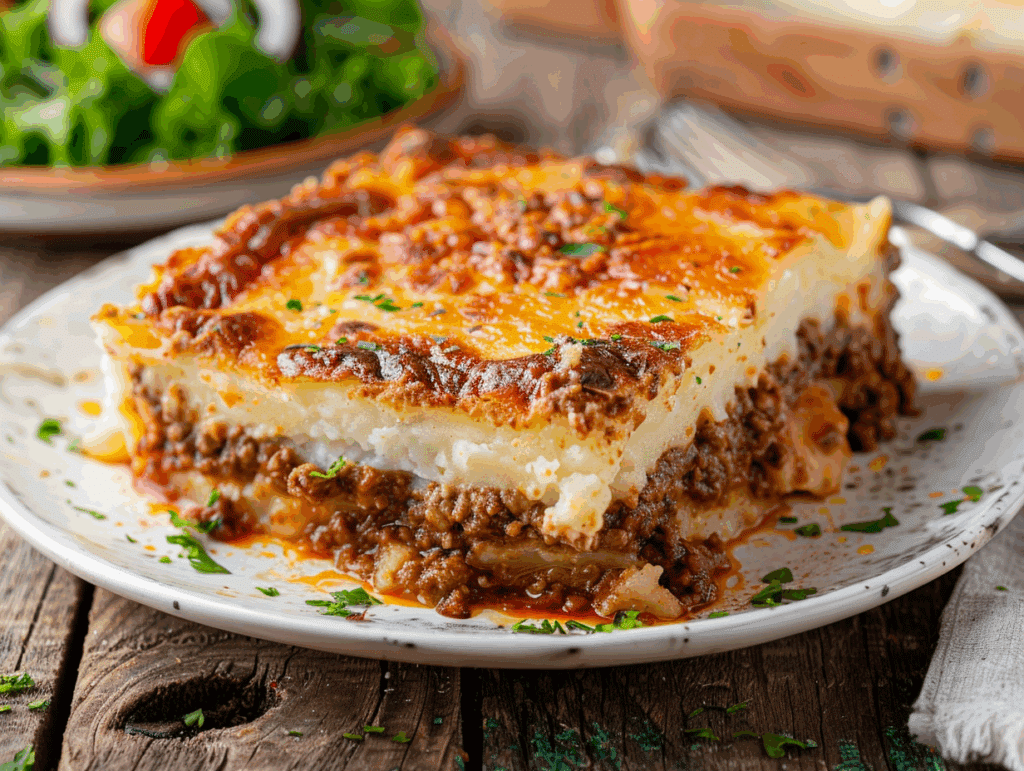 Felie de musaca de cartofi cu carne de curcan, decorată cu cimbru proaspăt