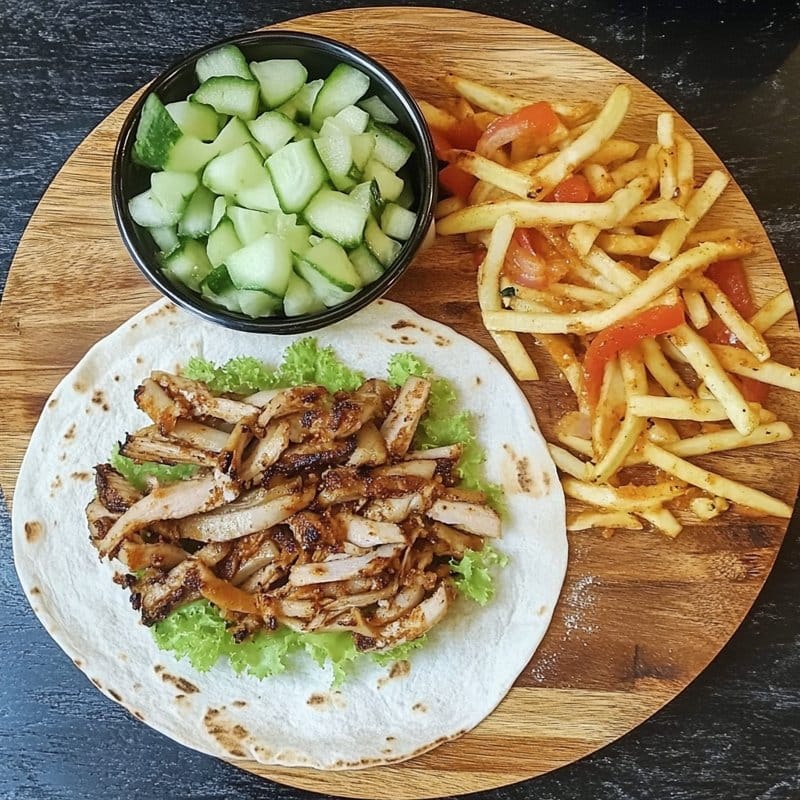 Shaorma la air fryer cu carne friptă, lipie, castraveți și cartofi prăjiți