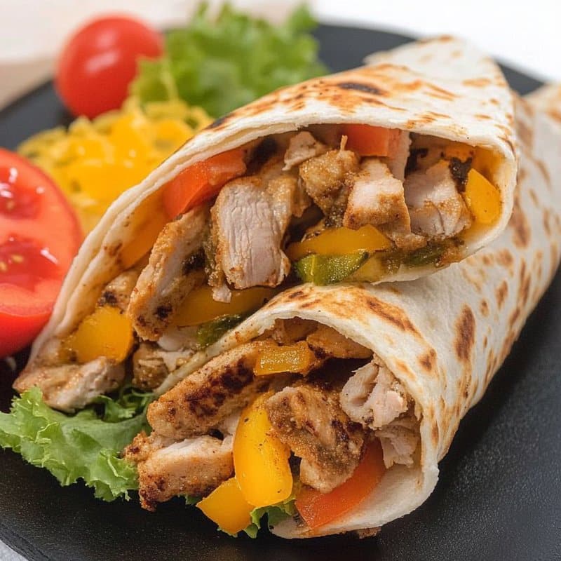 Shaorma la air fryer tăiată, servită cu roșii și salată