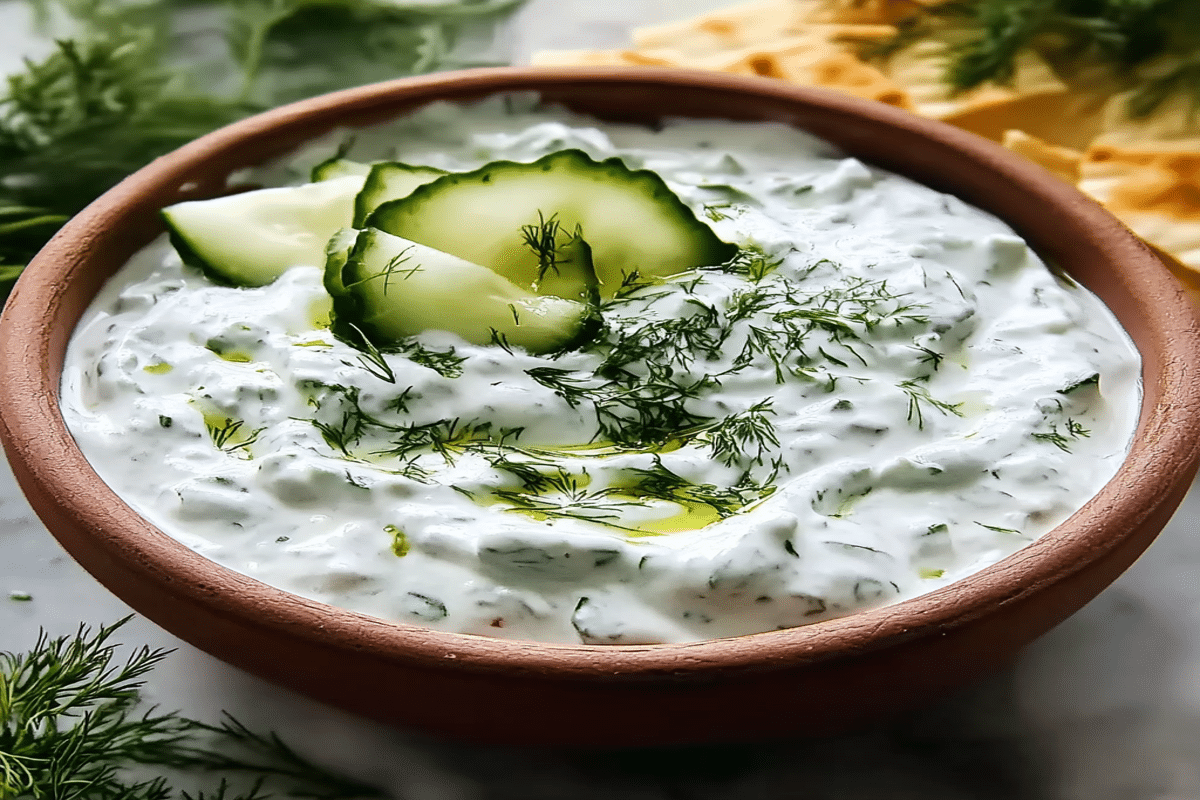 Sos tzatziki reteta în bol de argilă, cu mărar și castravete, fotografiat de aproape.