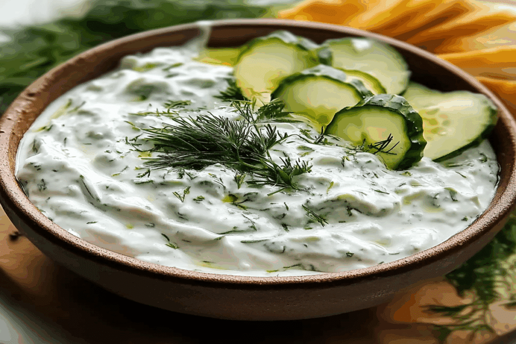 Sos tzatziki reteta servit într-un bol rustic de lemn, cu felii de castravete și mărar.