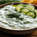 Sos tzatziki reteta servit într-un bol rustic de lemn, cu felii de castravete și mărar.