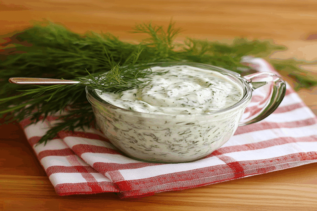 Sos tzatziki reteta într-un bol de sticlă, decorat cu mărar proaspăt, surprins în prim-plan.