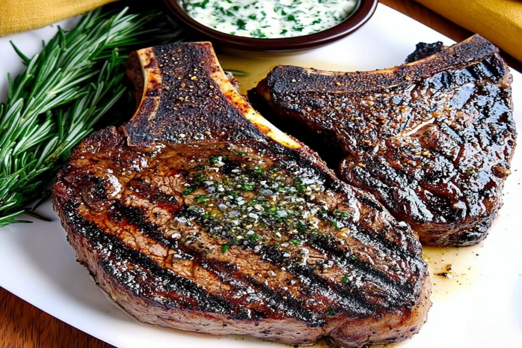 steak de vită la grătar cu os, servit cu unt aromat și rozmarin