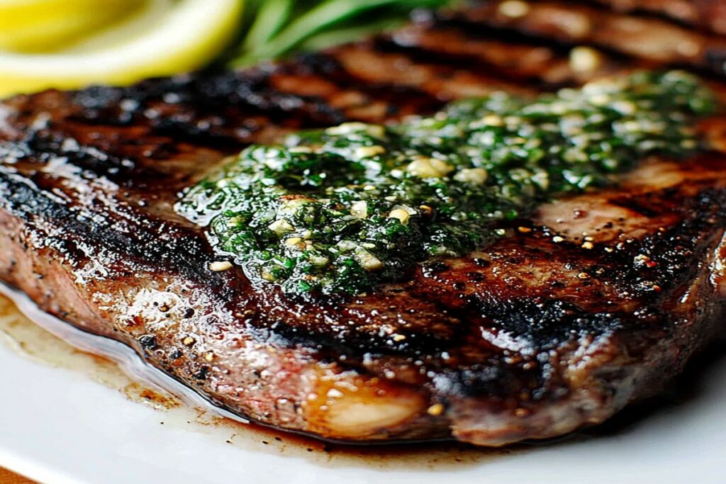 steak de vită la grătar acoperit cu unt verde din ierburi