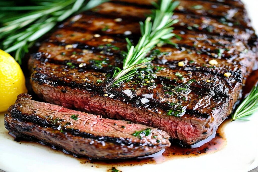 steak de vita la gratar suculent, cu rozmarin și felie tăiată