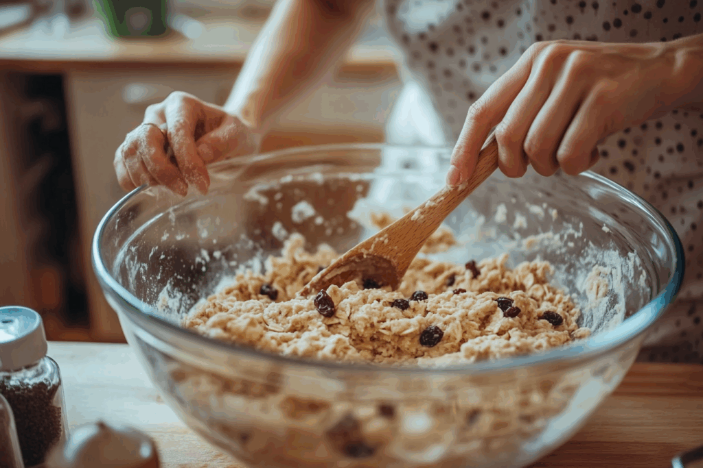 Mâini care amestecă aluatul pentru biscuiți cu ovăz rețetă într-un bol mare de sticlă.