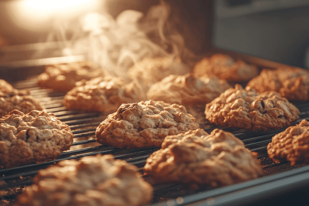 Biscuiți cu ovăz rețetă coacându-se în cuptor, cu abur vizibil.