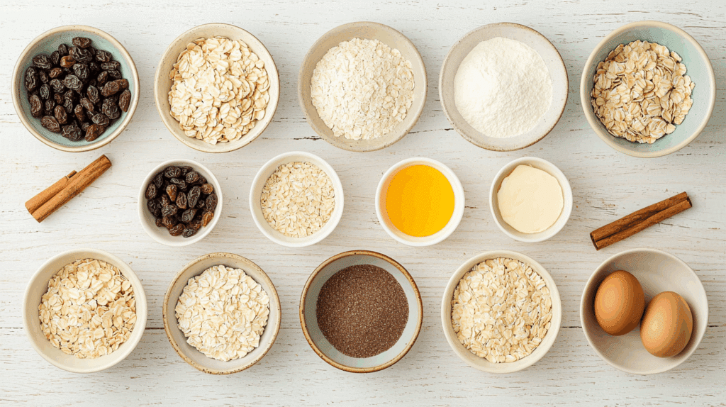 Ingrediente pentru biscuiți cu ovăz rețetă fotografiate de sus în boluri ceramice.