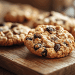 Biscuiți cu ovăz rețetă proaspăt copți, așezați pe un tocător din lemn.