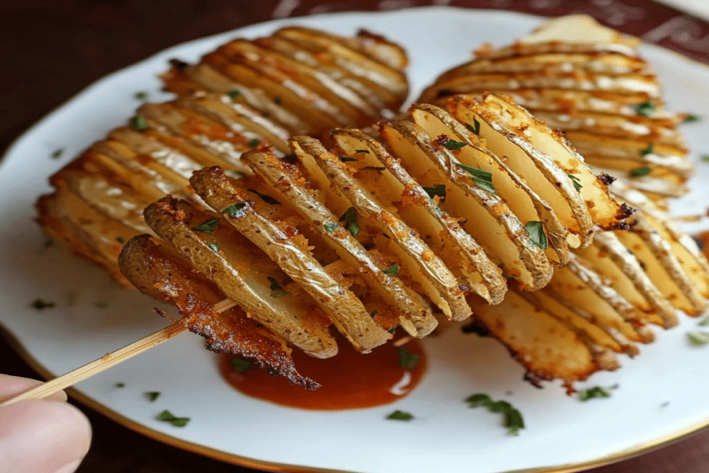 Prim-plan cu cartofi acordeon la air fryer serviți cu sos roșu.