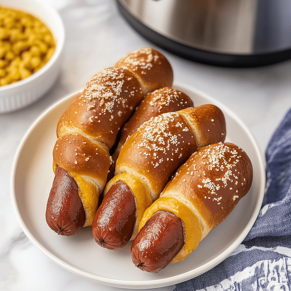 Covridog la air fryer văzut de sus, așezat pe farfurie cu aluat rumen și sare grunjoasă