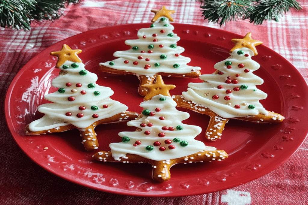 Prim-plan cu covrigei de Crăciun în formă de brăduți, decorați cu biluțe colorate.