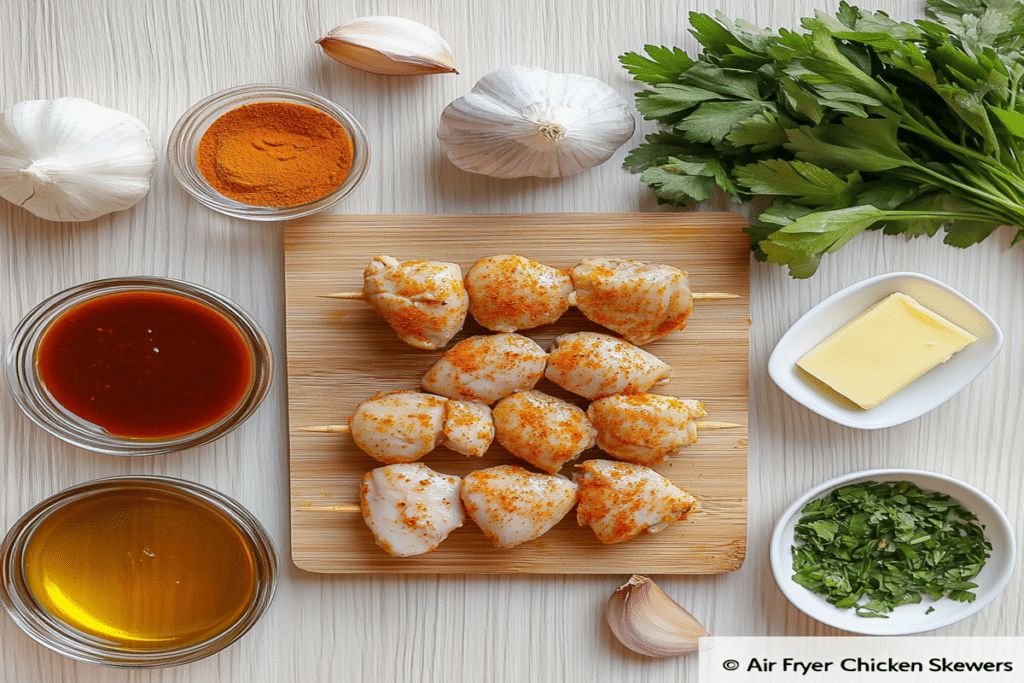 Frigărui de pui la airfryer înainte de gătire, cu ingrediente precum usturoi, pătrunjel și condimente