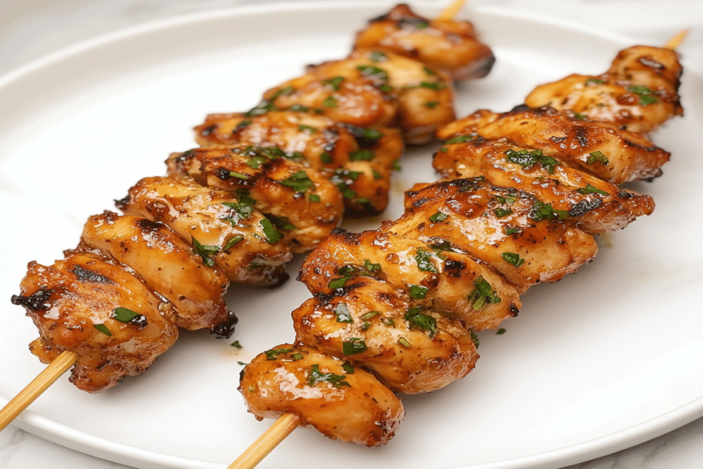 Frigărui de pui la airfryer în prim-plan, cu glazură lucioasă și verdeață tocată