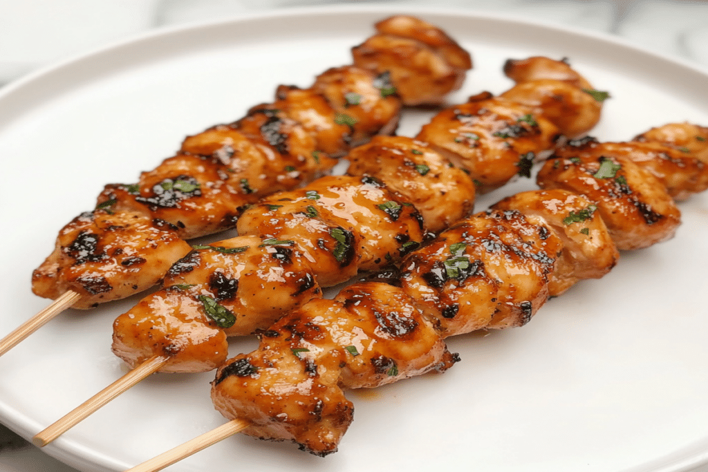 Frigărui de pui la airfryer văzute din lateral, cu textură suculentă și crustă caramelizată