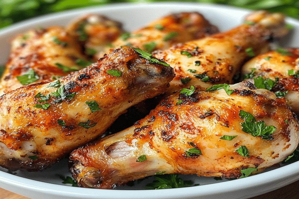 Pulpe de pui la friteuză cu aer cald rumenite, surprinse în prim-plan cu pătrunjel proaspăt.