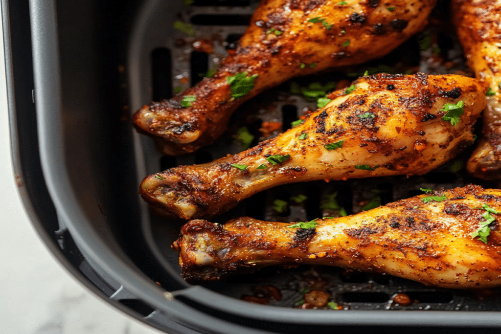 Pulpe de pui la friteuză cu aer cald așezate în coș, rumenite frumos.