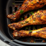 Pulpe de pui la friteuză cu aer cald așezate în coș, rumenite frumos.