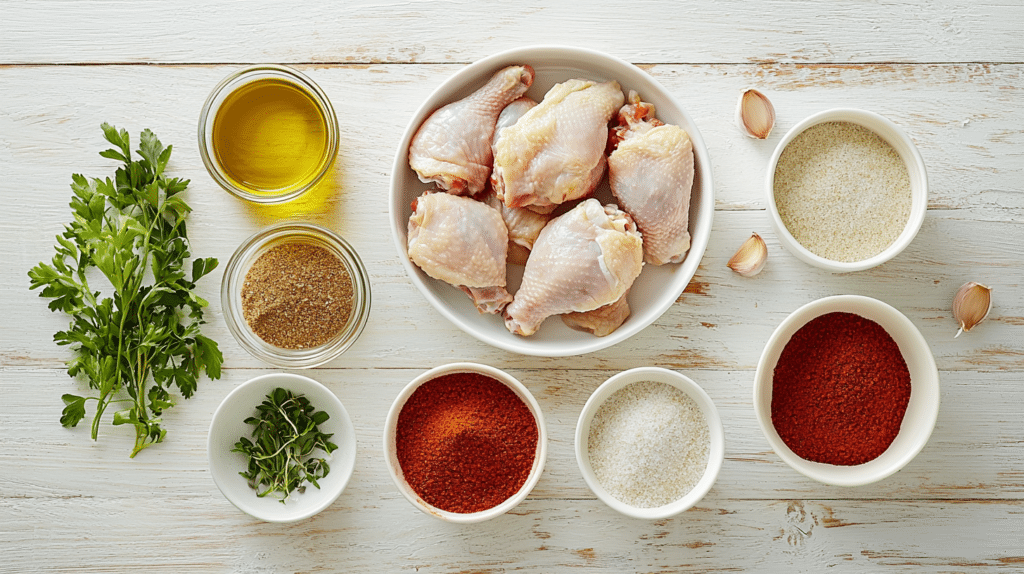 Ingrediente pentru pulpe de pui la friteuză cu aer cald, așezate ordonat pe o masă rustică.