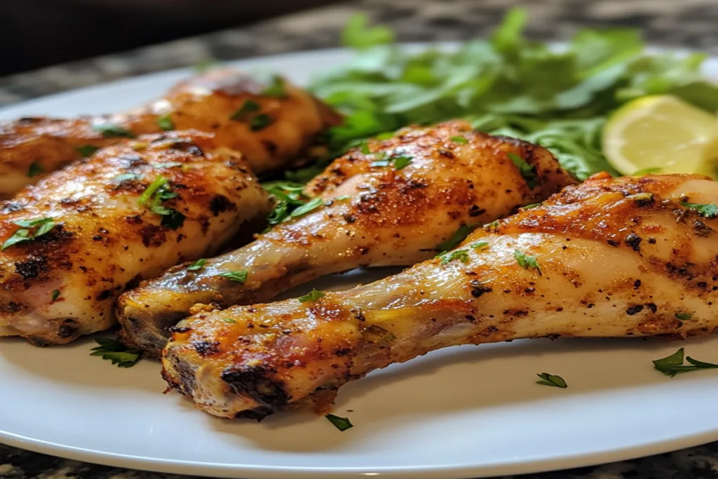 Pulpe de pui la friteuză cu aer cald servite pe farfurie, cu verdețuri și felii de lămâie.