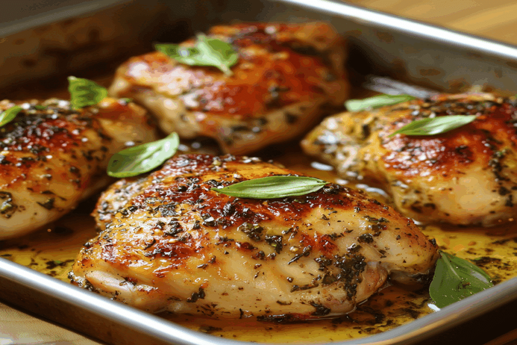 Pulpe dezosate la cuptor rumenite, fotografiate de aproape cu ierburi aromate.