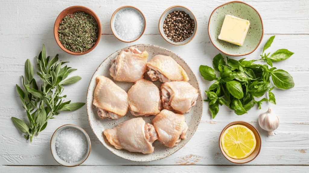 Ingrediente pentru pulpe dezosate la cuptor, așezate pe blat alb.