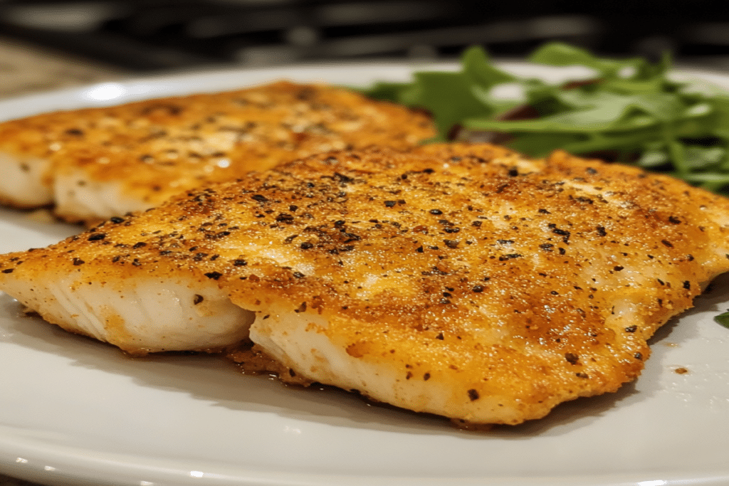 prim-plan cu șalău la air fryer rumenit și fraged