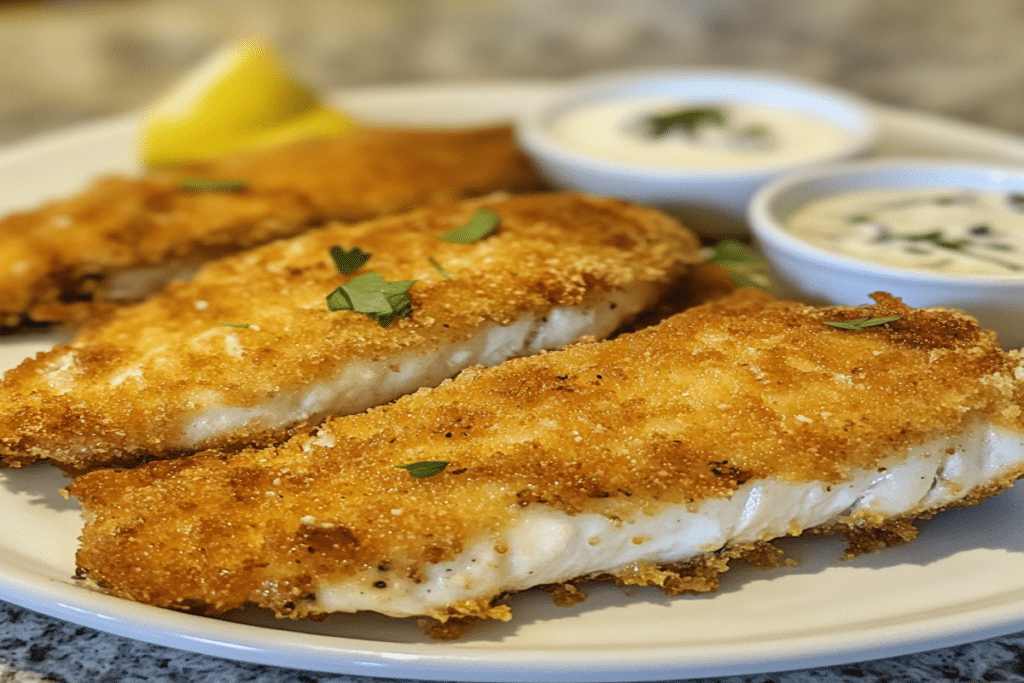 șalău la air fryer servit crocant cu sos cremos și lămâie